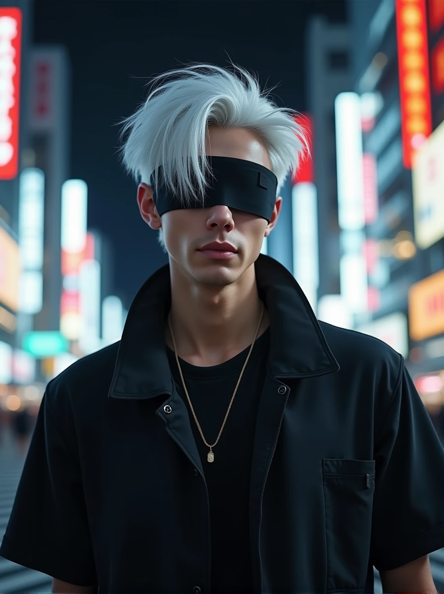 ((masterpiece, 8K, best quality, high resolution:1.3)), (a tall and slender man:1.2), (he has a very delicate face:1.2), (his hair is completely white, slightly messy, and falls over his forehead:1.2), (his eyes are covered by a black blindfold:1.2), (he is wearing a black outfit consisting of a black t-shirt and matching pants, giving him an elegant and imposing appearance:1.2), (his style is confident and casual, reflecting his charismatic and powerful personality:1.2), (he is smiling:1.2), (he is in Shibuya at night:1.2), (the background features the bustling streets of Shibuya with neon lights and crowded intersections:1.2), (the scene is illuminated with vibrant, colorful lights from the city:1.2), (his pose is relaxed yet confident, showcasing his natural charisma:1.2), (Canon EOS 5DS R camera, perfect for capturing the detail and beauty of the scene:1.2), (paired with the Canon EF 85mm f/1.4L IS USM lens:1.2), (the composition showcases the contrast between his elegant attire and the dynamic city backdrop:1.2), (a moment frozen in time, capturing the essence of urban style and confidence:1.3), (ultra photorealistic, highlighting his features and the vibrant city setting:1.3), (an image that transports viewers to a captivating and energetic moment:1.2), (a scene that exemplifies the beauty of individuality in a modern, urban context:1.2)