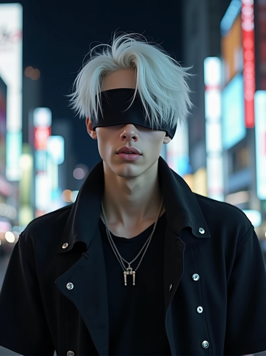 ((masterpiece, 8K, best quality, high resolution:1.3)), (a tall and slender man:1.2), (he has a very delicate face:1.2), (his hair is completely white, slightly messy, and falls over his forehead:1.2), (his eyes are covered by a black blindfold:1.2), (he is wearing a black outfit consisting of a black t-shirt and matching pants, giving him an elegant and imposing appearance:1.2), (his style is confident and casual, reflecting his charismatic and powerful personality:1.2), (he is smiling:1.2), (he is in Shibuya at night:1.2), (the background features the bustling streets of Shibuya with neon lights and crowded intersections:1.2), (the scene is illuminated with vibrant, colorful lights from the city:1.2), (his pose is relaxed yet confident, showcasing his natural charisma:1.2), (Canon EOS 5DS R camera, perfect for capturing the detail and beauty of the scene:1.2), (paired with the Canon EF 85mm f/1.4L IS USM lens:1.2), (the composition showcases the contrast between his elegant attire and the dynamic city backdrop:1.2), (a moment frozen in time, capturing the essence of urban style and confidence:1.3), (ultra photorealistic, highlighting his features and the vibrant city setting:1.3), (an image that transports viewers to a captivating and energetic moment:1.2), (a scene that exemplifies the beauty of individuality in a modern, urban context:1.2)