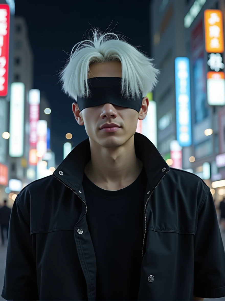 ((masterpiece, 8K, best quality, high resolution:1.3)), (a tall and slender man:1.2), (he has a very delicate face:1.2), (his hair is completely white, slightly messy, and falls over his forehead:1.2), (his eyes are covered by a black blindfold:1.2), (he is wearing a black outfit consisting of a black t-shirt and matching pants, giving him an elegant and imposing appearance:1.2), (his style is confident and casual, reflecting his charismatic and powerful personality:1.2), (he is smiling:1.2), (he is in Shibuya at night:1.2), (the background features the bustling streets of Shibuya with neon lights and crowded intersections:1.2), (the scene is illuminated with vibrant, colorful lights from the city:1.2), (his pose is relaxed yet confident, showcasing his natural charisma:1.2), (Canon EOS 5DS R camera, perfect for capturing the detail and beauty of the scene:1.2), (paired with the Canon EF 85mm f/1.4L IS USM lens:1.2), (the composition showcases the contrast between his elegant attire and the dynamic city backdrop:1.2), (a moment frozen in time, capturing the essence of urban style and confidence:1.3), (ultra photorealistic, highlighting his features and the vibrant city setting:1.3), (an image that transports viewers to a captivating and energetic moment:1.2), (a scene that exemplifies the beauty of individuality in a modern, urban context:1.2)