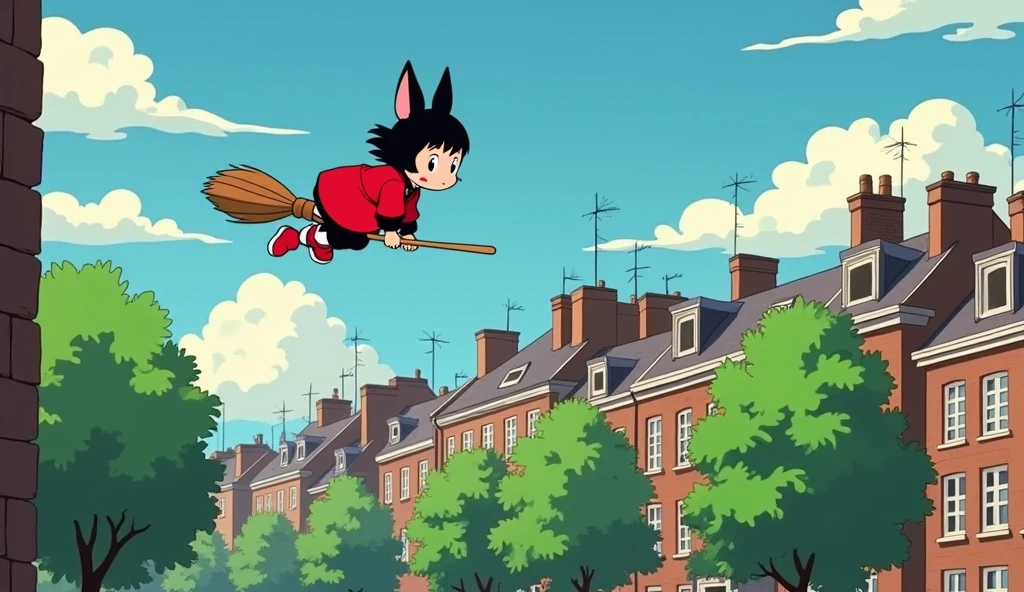Kiki from the anime Kikis delivery service flying on her broom through London, in Studio Ghibli style, KIconan riding red and black brooms over buildings in London with green trees in front of them, K asymmetrical shot, K réaliste, anime studio ghibili