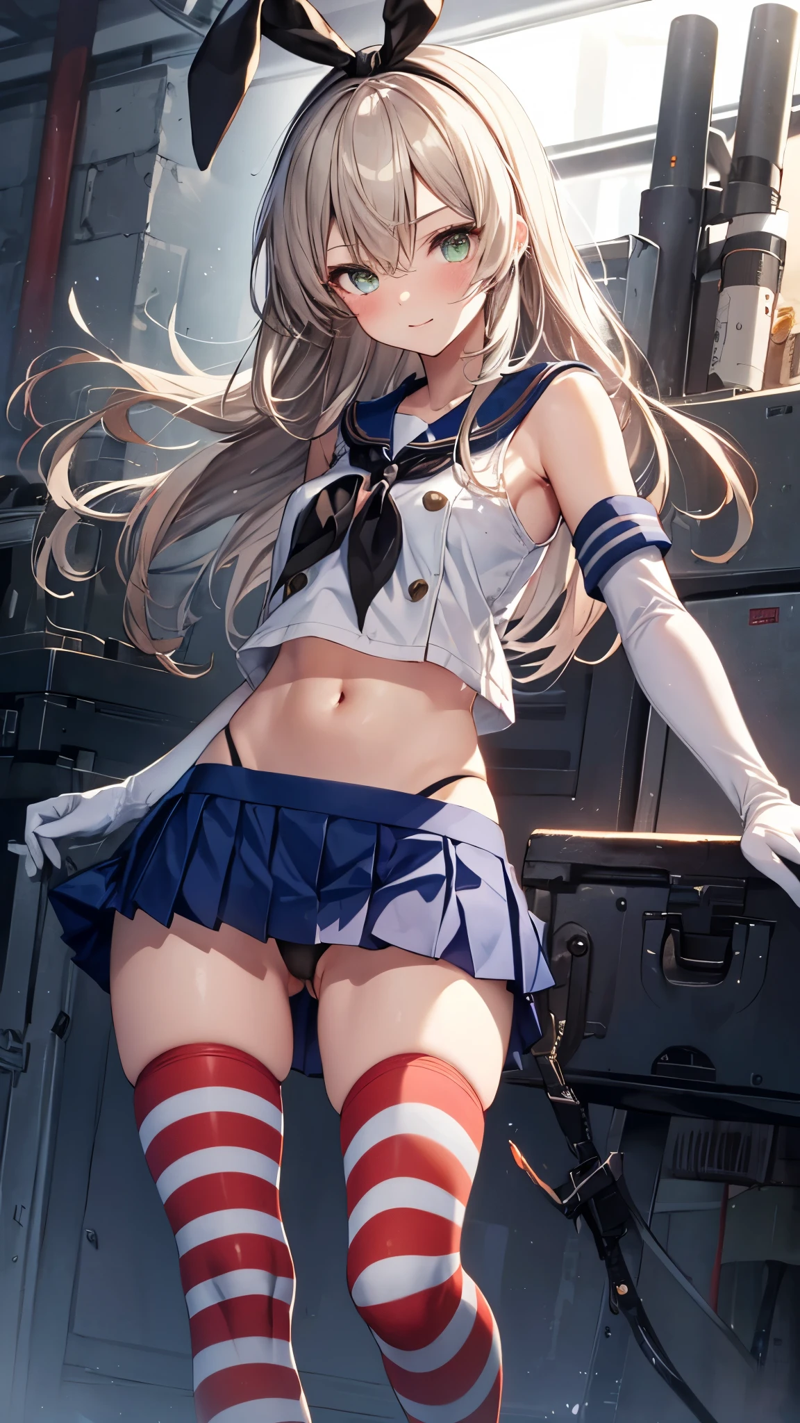 1girl,solo,long_hair,blonde_hair,elbow_gloves,underwear,(red striped_thighhighs1.3),(white_gloves:1.3),smile,navel,(dark green eyes),(highleg_panties,black_panties:1.3),anchor_hair_ornament,blush,school_uniform,crop_top,sailor_collar,hairband,hair_ornament,(white serafuku,miniskirt,pleated_skirt,blue_skirt:1.3),sleeveless,bare_shoulders,hair_between_eyes,grey_footwear,microskirt,midriff,neckerchief,collarbone ,panty shot,pose partially visible vulva,masterpiece,Noise Reduction,perfect anatomy,high resolution, ultra-detailed, ultra-detailed face,game cg,dutch angle ,beautiful detailed eyes,visualart,five fingers, perfect hands, perfect lighting, sparkling pupils,