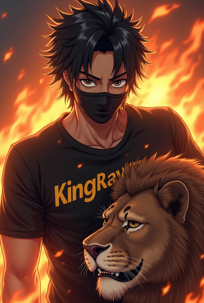 The man model is wearing shirt with name KingRawrr on the shirt, change the face to anime, add flame background. Put mask on the face. Add lion with chain, make face look like Gojo. make photo look realistic