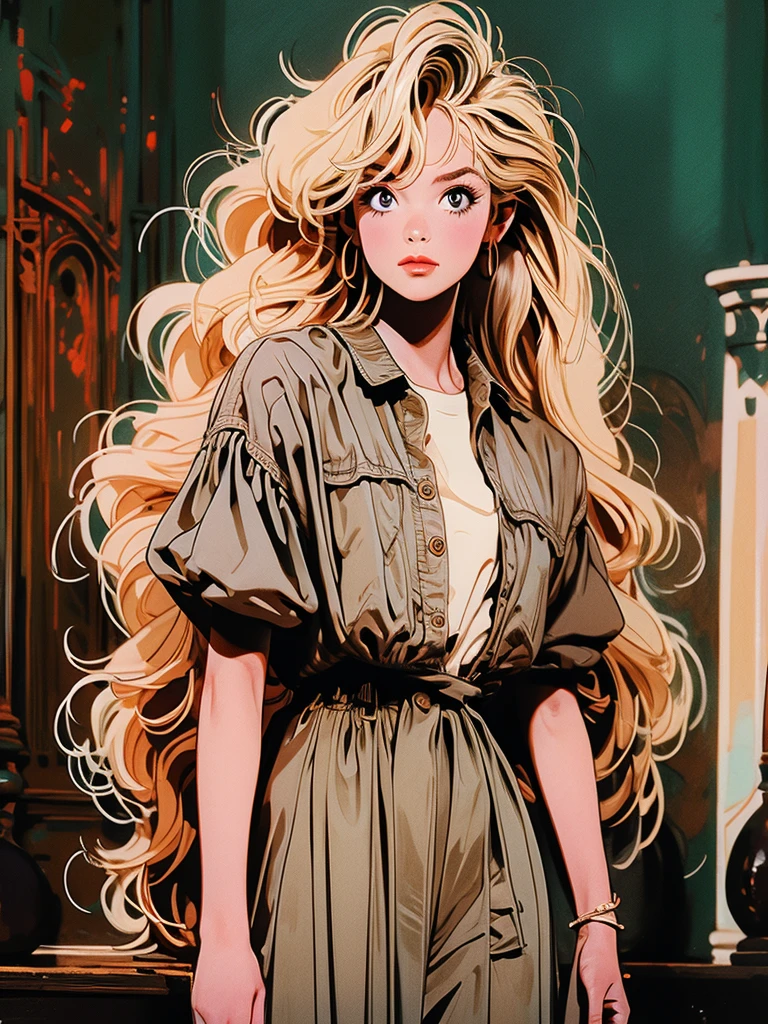 a picture of a woman standing with long blond hair posing over her shoulder, 1girl, long hair, solo, realistic, dress, brown hair
