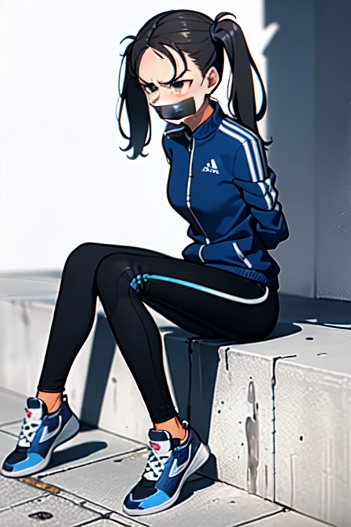 ((1 girl)), ((twin tails)), (sexy),  ((simple_background)), ((concrete floor, concrete wall)), ((underground room)), ((arms behind back)), ((scowl)), ((sitting on the knees)), ((tape gag)),  ((helpless)), ((calm)), ((struggling)), (blue tracksuit,tracksuit,tights pants, long black pants)