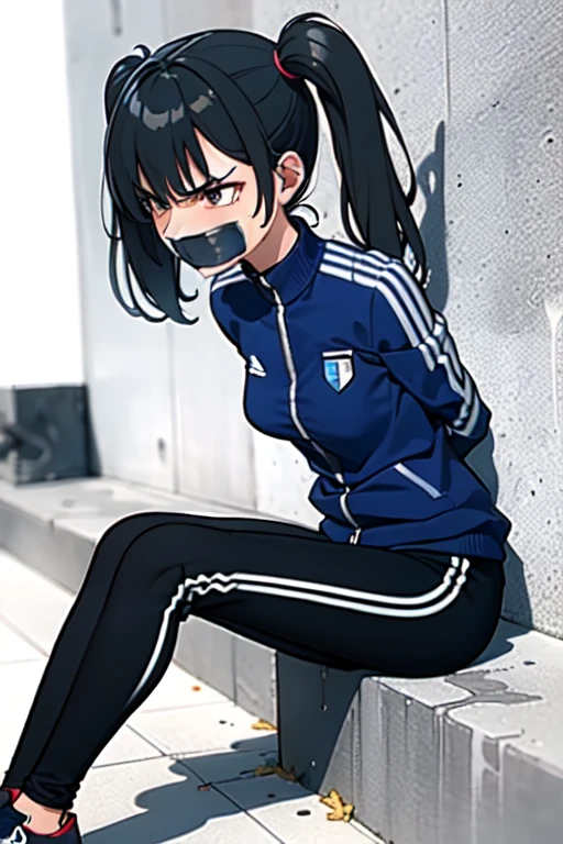 ((1 girl)), ((twin tails)), (sexy),  ((simple_background)), ((concrete floor, concrete wall)), ((underground room)), ((arms behind back)), ((scowl)), ((sitting on the knees)), ((tape gag)),  ((helpless)), ((calm)), ((struggling)), (blue tracksuit,tracksuit,tights pants, long black pants)