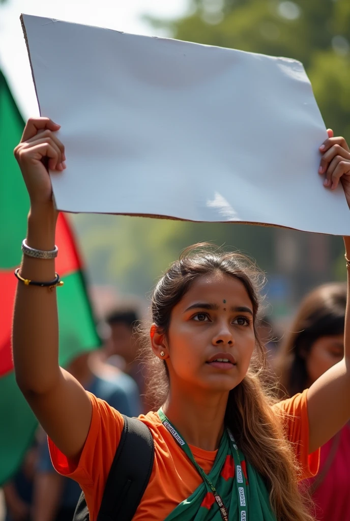 A pretty aggressive Hindu young woman must be a student agitator on the streets of Bangladesh. A white placard will be held by the young woman. The flag of Bangladesh will also be displayed.