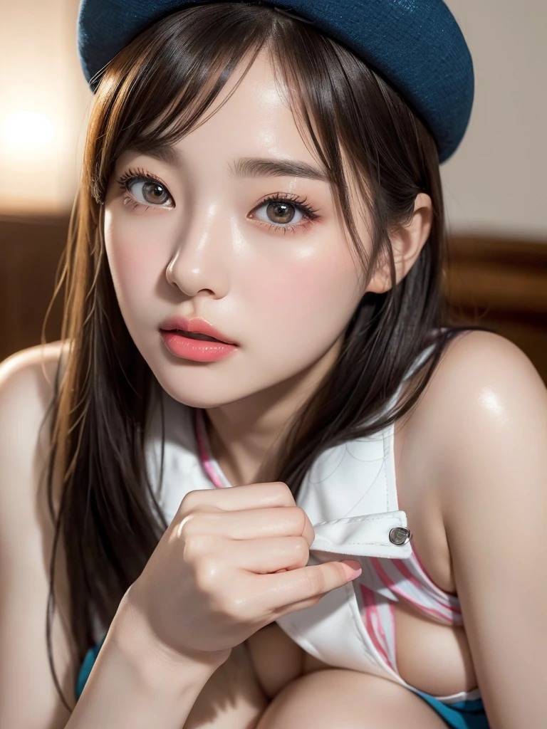 (UHigh resolution, retina, masterpiece, Accurate, Anatomically correct, Textured skin, Super Detail, Attention to detail, high quality, 最high quality, High resolution, 1080P, High resolution, 4K, 8k, 16K), (美しいAttention to detail目, Beautiful lip detail, Highly detailed eyes and face), Soft lighting, Physically Based Rendering, Vibrant colors, Korean Actress(((Large Breasts:1.3))), (A vintage flight attendant in a 1960s-style uniform, complete with a pillbox hat), (Glowing Skin, blush), (Wide angle), Eye Reflexes, (Staring at the audience),(Thighs,whole body,艶やかなThighs)