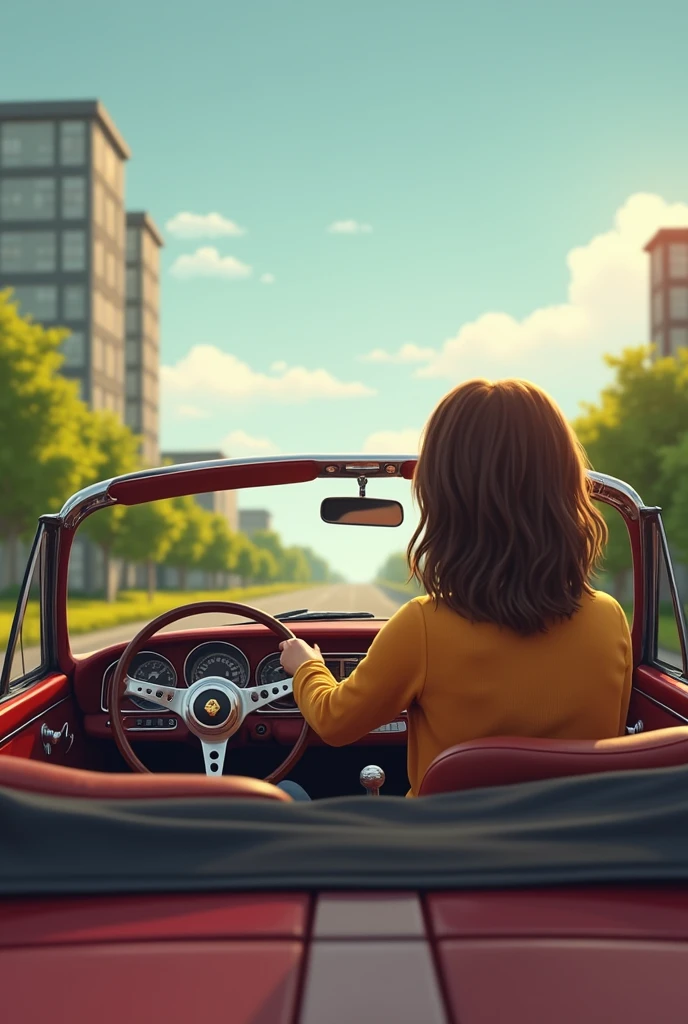front view one girl fast driving on road in convertible outside city field village