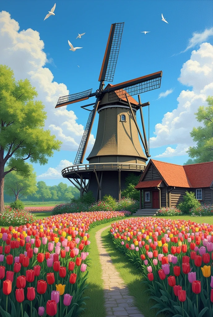 A beautiful windmill in the middle of an English garden full of tulips, surrounded by colorful flowers and trees, a wooden house nearby, beautiful sky with clouds, birds flying around, fantasy art style painting, oil on canvas, in the style of Makoto Shinkai.