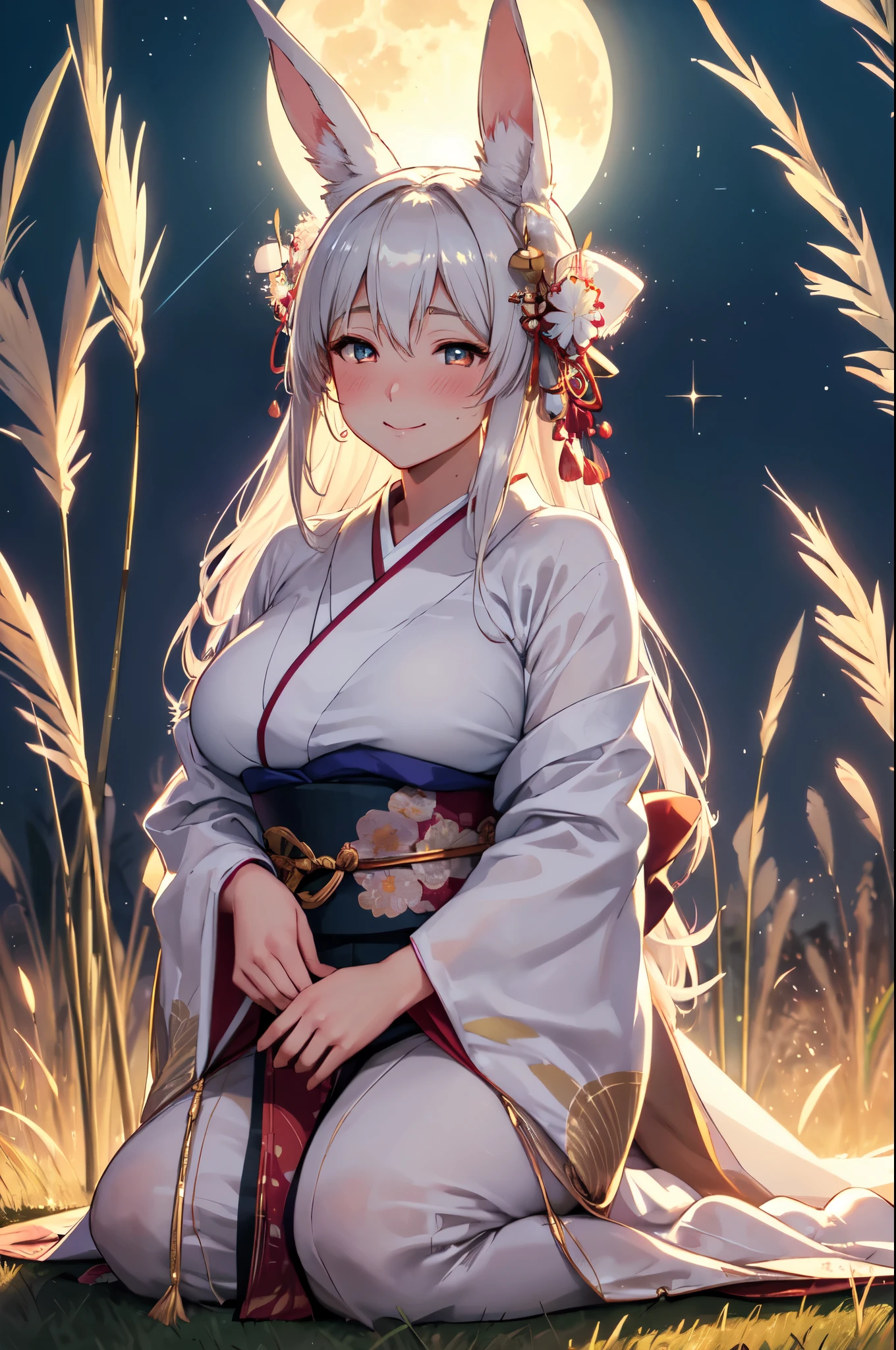 (High quality, High resolution, Fine details), (full moon:1.2), ethereal glowing moonlight, japanese pampas grass field, beautiful kimono, solo, curvy adult women, sparkling eyes, (Detailed eyes:1.2), rabbit ears, smile, blush, Sweat, Oily skin, serene and tranquil atmosphere, Soft tones, shallow depth of field