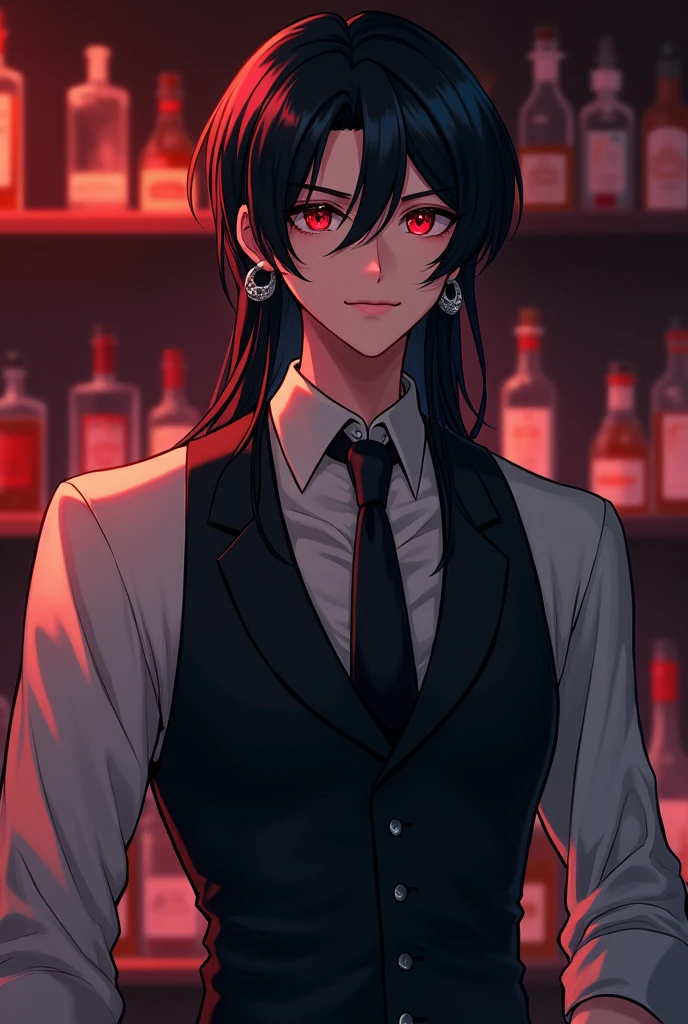 male、An illustration、Beautiful、Slender、bartender、Black Hair、Red Eye、seems kind、Silver earrings、Long bangs、Dark、Straight Hair、Laugh with your mouth closed、