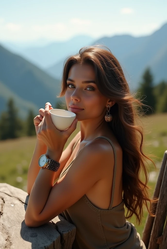 ((long shot)) brunette influencer with long, naturally wavy hair, green eyes, sexly, big , enjoying a coffee in the mountains, elegant and modern look, relaxing, Calm, extravagant , 8k, extremely detail, photorealestic, Details Complicated, Realistic skin texture, realistic hair, Textur, Happy, 8K UHD, best quality, High resolution, attention to details, very large , long shot, wide angle,(big boobs)