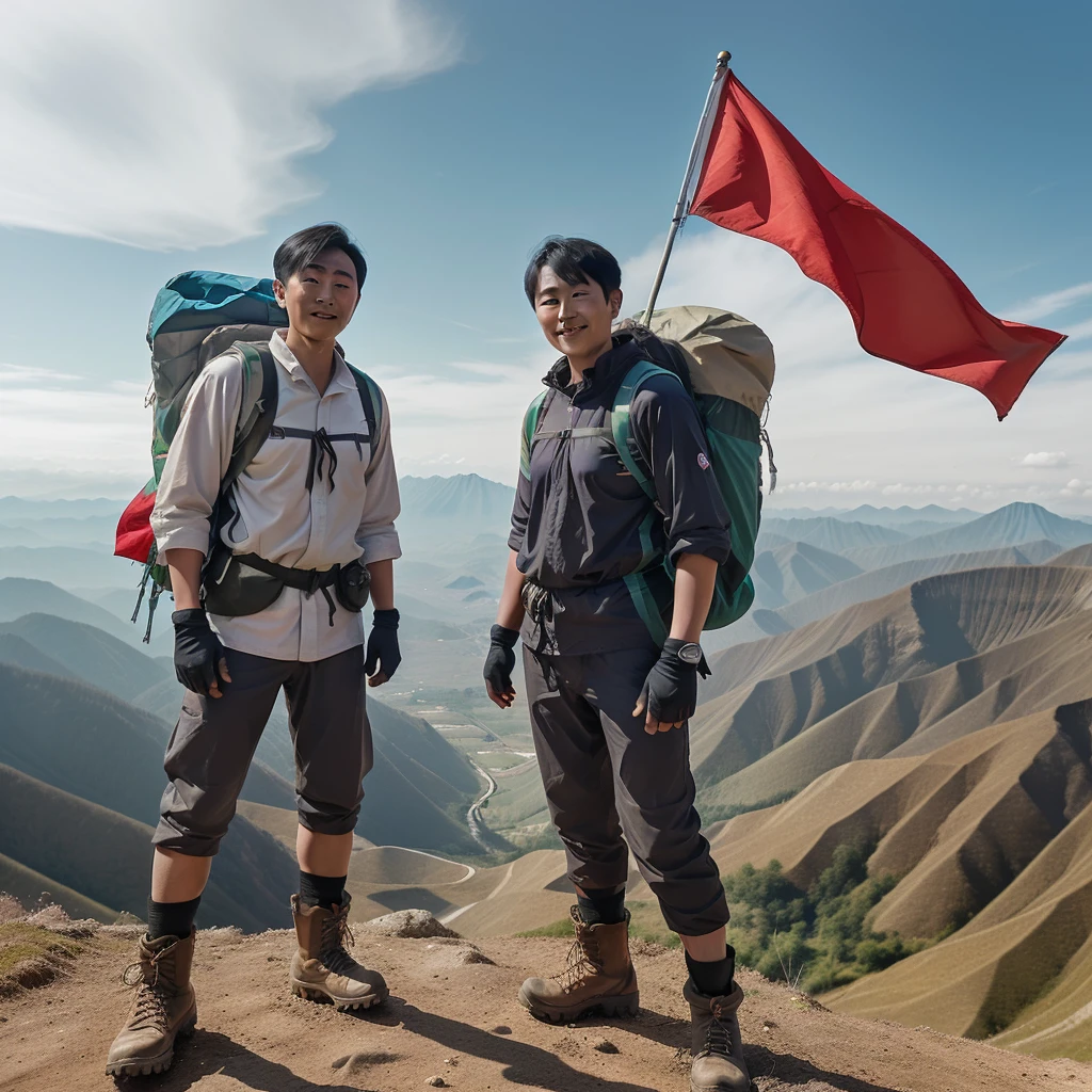 long shot, full body, two short-haired Korean men wearing complete hiking clothes, wearing hiking boots, was on the hill, is flying the red and white Indonesian flag, a beautiful backstop of mountains, the sky is blue, charming bright colors, face looking to the camera 