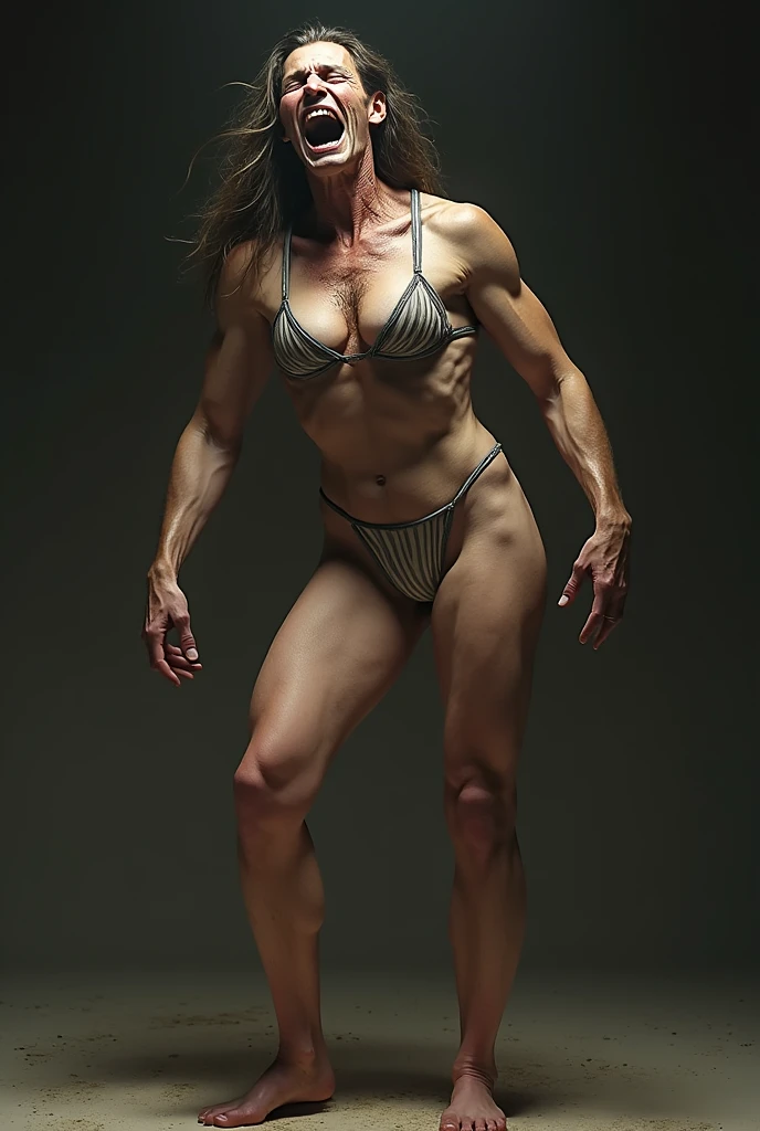 Best quality, masterpiece, detailed, perfect face, HDR, 8k, ultra resolution, Realistic, details texture skin, white skin, bright skin, mature (tomboy) female with saggy breast, sagging breast, big breast, muscular body, bodybuilder, big muscle, strong muscle, athletic body, tall body, short hair, blonde hair, blue eyes, big nipples, dark nipples, nude, naked, pubic hair, vagina hair, clitoris, perfect body, perfect anatomy, eyes looking forward, standing pose, full body, barefoot