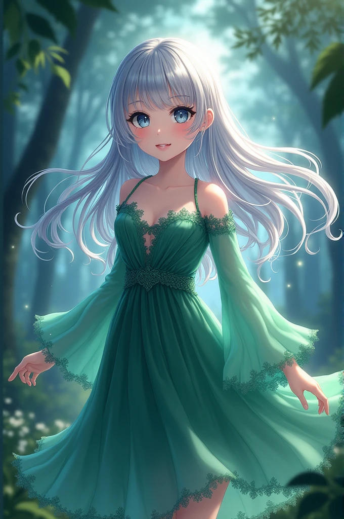 To view the anime drawing you have requested, Imagine a young girl with silver hair that shines with a soft glow under the light. her hair is long and straight, cascading down to her waist, with a few strands delicately framing her face. His eyes are large and expressive, of a blue or gray tone that complements her silver hair.
She wears an emerald green dress that contrasts beautifully with her silver hair.. The dress has an elegant and fluid design, with lace details and a skirt that moves gracefully when she walks. The top of the dress has a heart-shaped cutout, and the sleeves are long, Slightly fitting around her arms before flaring out slightly at the wrists.
To add a touch of fantasy, You could imagine it in a magical setting, perhaps in a moonlit forest, with leaves shining around her and a gentle breeze moving both her hair and her dress.
Would you like to add any other details or descriptions??