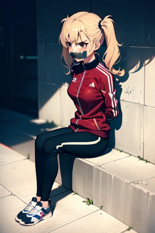 ((1 girl)), ((twin tails)), (sexy),  ((simple_background)), ((concrete floor, concrete wall)), ((underground room)), ((arms behind back)), ((scowl)), ((sitting on the knees)), ((tape gag)),  ((helpless)), ((calm)), ((struggling)), (blue tracksuit,tracksuit,tights pants, long black pants)