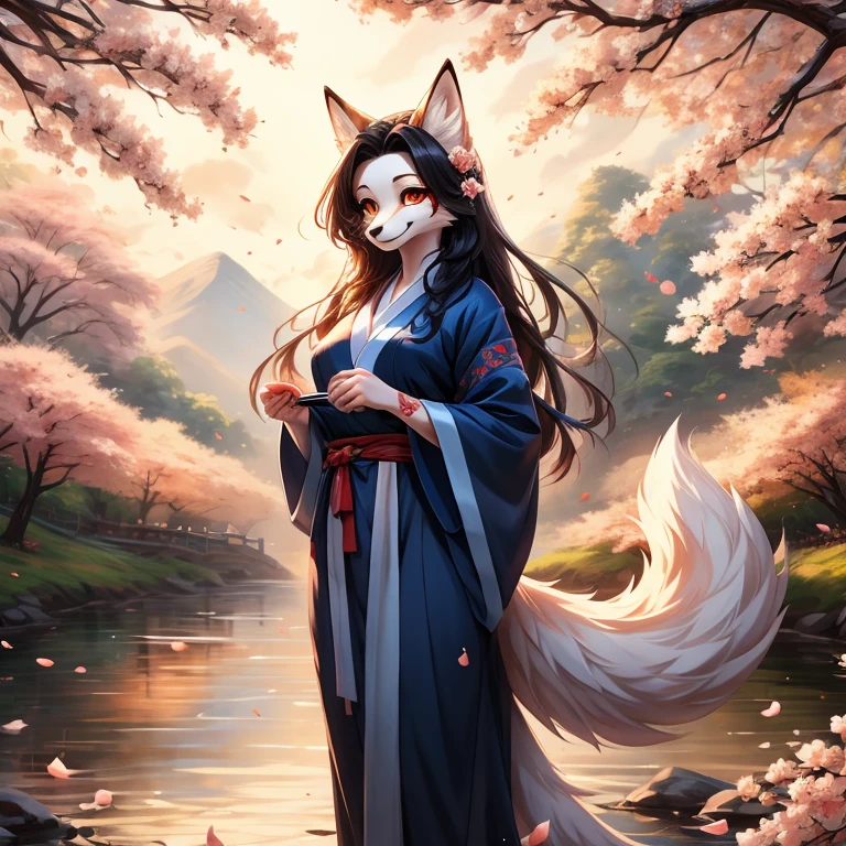 Masterpiece, best quality, high quality, 1Kitsune anthro girl, Solo, 21 years old, Blue and White fur on her all body, has Long Black hair, slim body, Anthro Kitsune, has Yellow Kitsune eyes, wears Blue Kimono, happy expression, has tribal tatoo on her arm, standing, Park Landscape, has 6Kitsune fox tail, Anatomically Correct, japanese landscape, Cherry Flower trees in the park, Flower petals flows in the air, sunny day