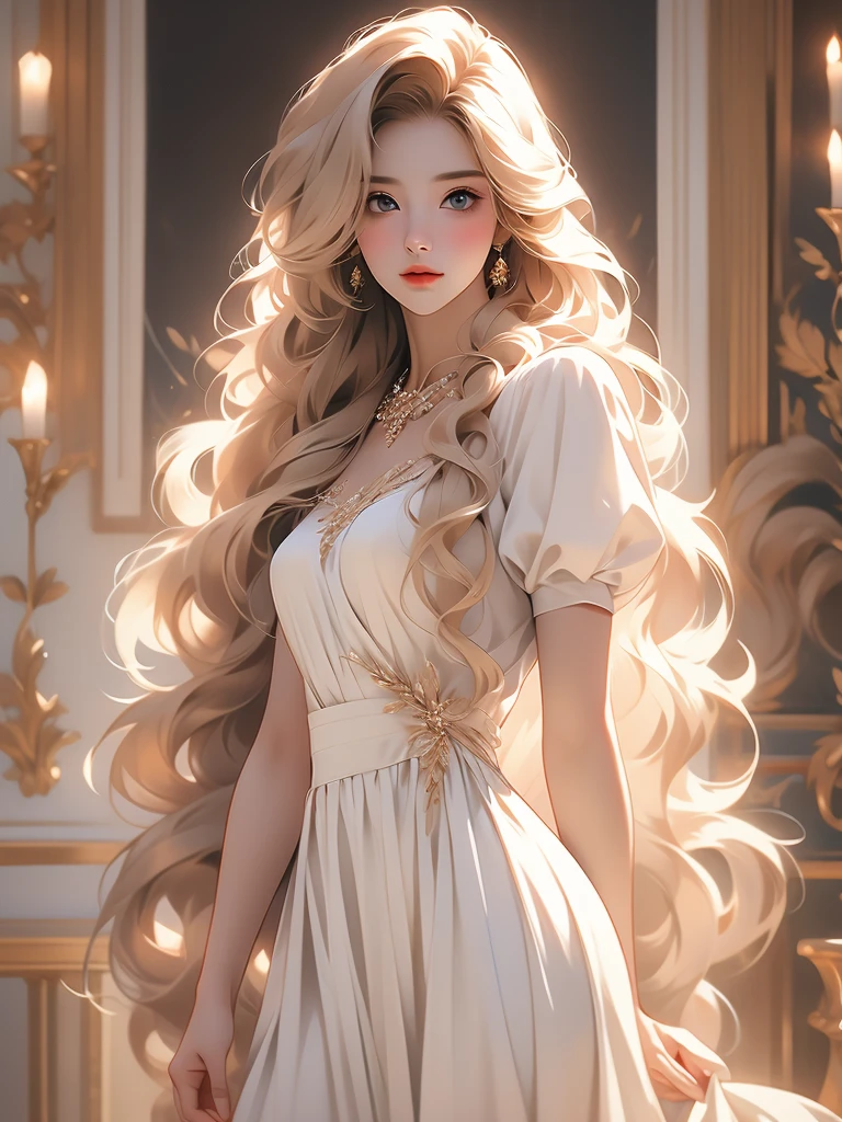 a picture of a woman standing with long blond hair posing over her shoulder, 1girl, long hair, solo, realistic, dress, hair