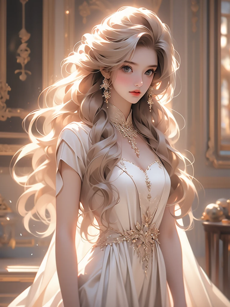 a picture of a woman standing with long blond hair posing over her shoulder, 1girl, long hair, solo, realistic, dress, hair