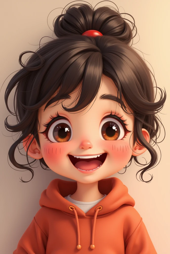 Chubby short girl with curly hair and beautiful smile
