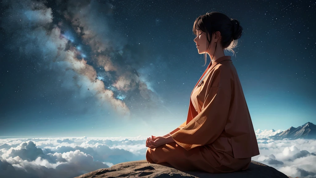 In meditation position座っている女性,Rear view of a modern oriental woman,Blue clothes。star々sail in front of, 宇宙でmeditationするエルフの魂, Sit in a space cloudscape, Spiritual Enlightenment, meditationする, Powerful woman sitting in space, ヒンズー教のmeditation段階, Space lighting, 蓮華座でのmeditation, Calm Night. Digital Illustration, In meditation position, meditation, In meditation position, Healing glowing lamp Blue clothes