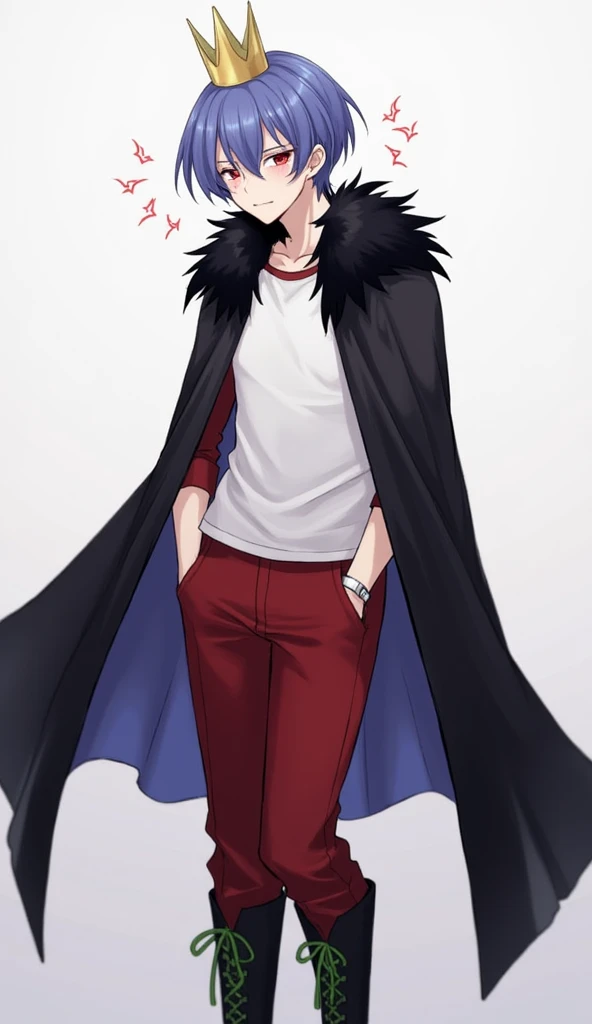 Overwhelming feeling of dominance、High school student male、A small, plain golden crown is worn on the upper left side of the head.、Blue-purple short hair(Sideburns、bangs)、Black fur on shoulders、One black cloak、The cape is worn without the sleeves in place、Both eyes are red、A plain white t-shirt with elbow-length sleeves、Red long sleeve trousers、black long boots(Green shoelaces)