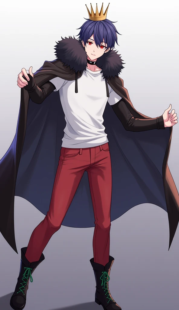Overwhelming feeling of dominance、High school student male、A small, plain golden crown is worn on the upper left side of the head.、Blue-purple short hair(Sideburns、bangs)、Black fur on shoulders、One black cloak、The cape is worn without the sleeves in place、Both eyes are red、A plain white t-shirt with elbow-length sleeves、Red long sleeve trousers、black long boots(Green shoelaces)