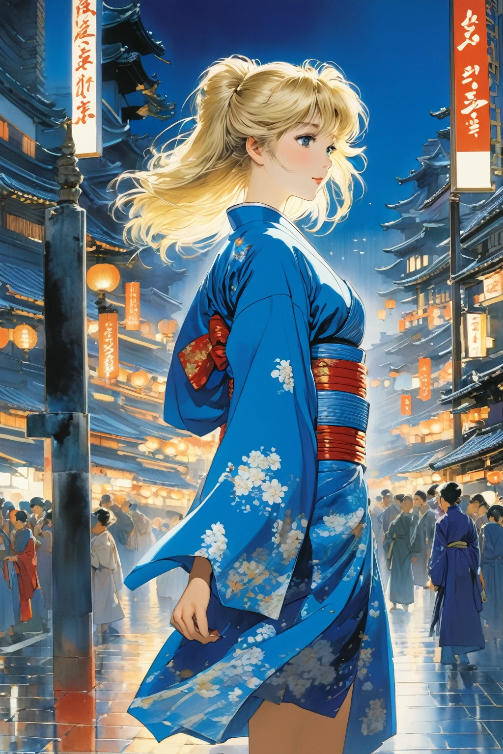 1girl blonde hair blue kimono, 
1980s japan night city at Hōzōmon gate
(art by  Noriyoshi Ohrai	)