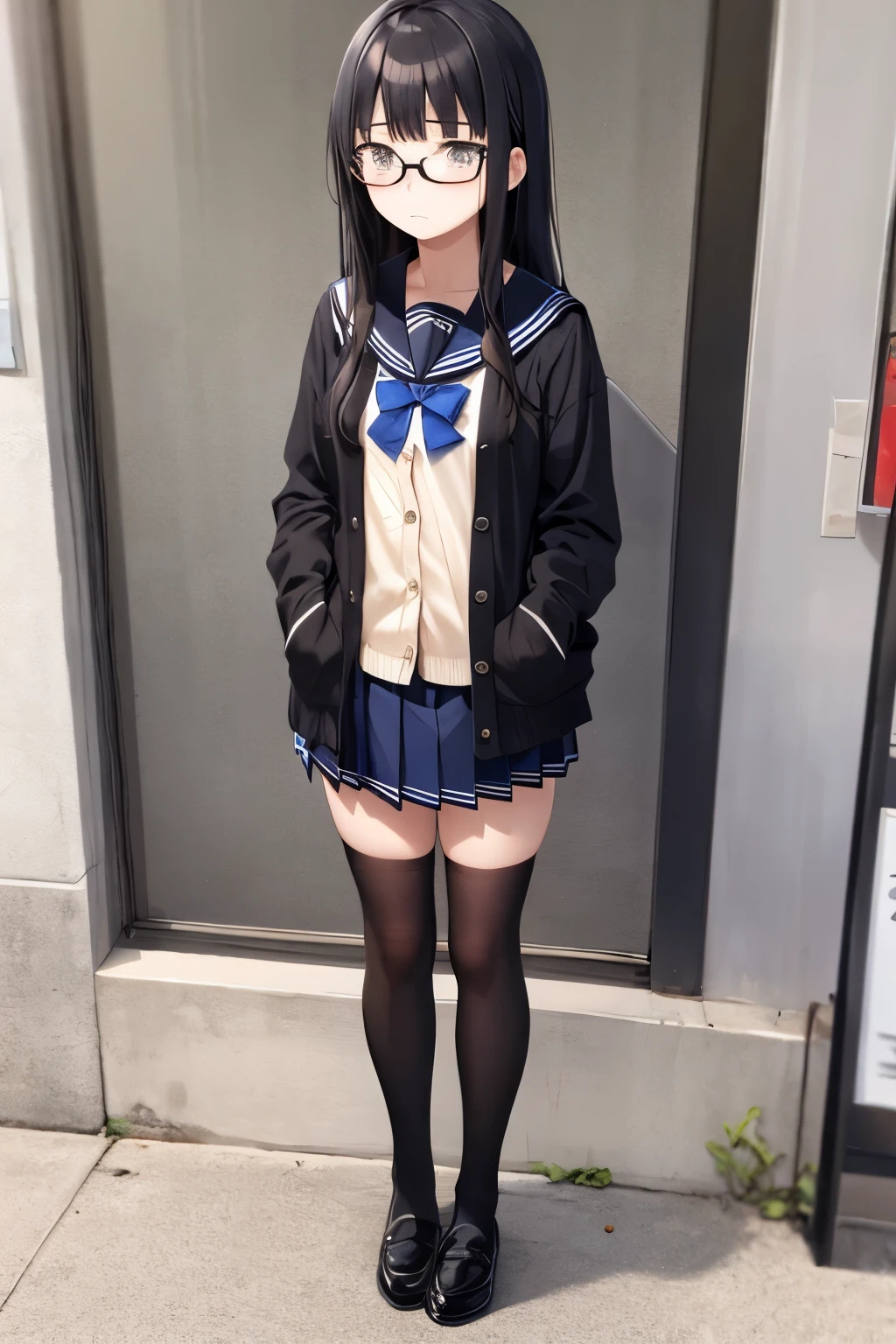 Sailor uniform, black, high school girl, black cardigan, glasses, black hair, long hair, troubled face, full body, standing picture