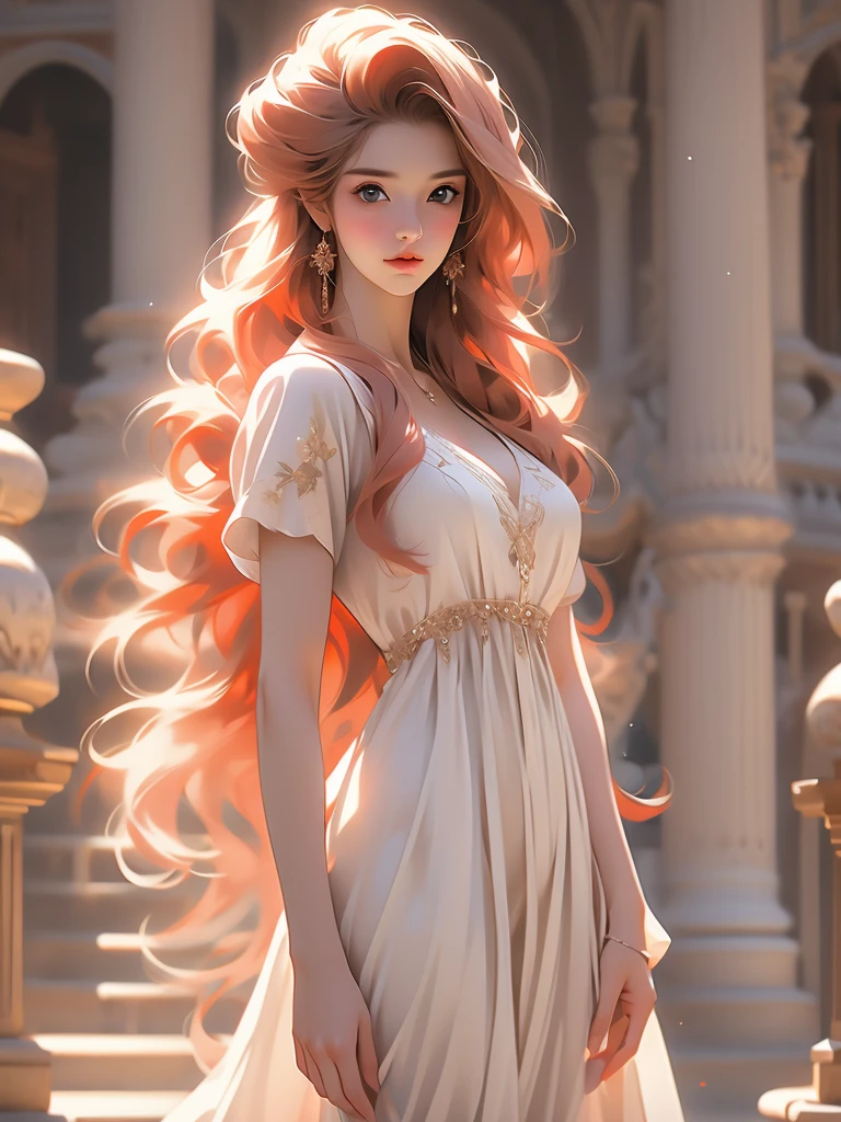 a picture of a woman standing with long blond hair posing over her shoulder, 1girl, long hair, solo, realistic, dress, red hair