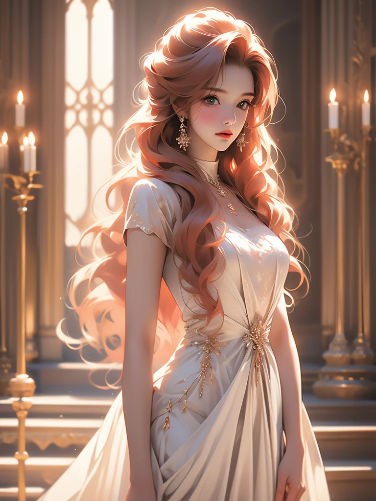 a picture of a woman standing with long blond hair posing over her shoulder, 1girl, long hair, solo, realistic, dress, red hair