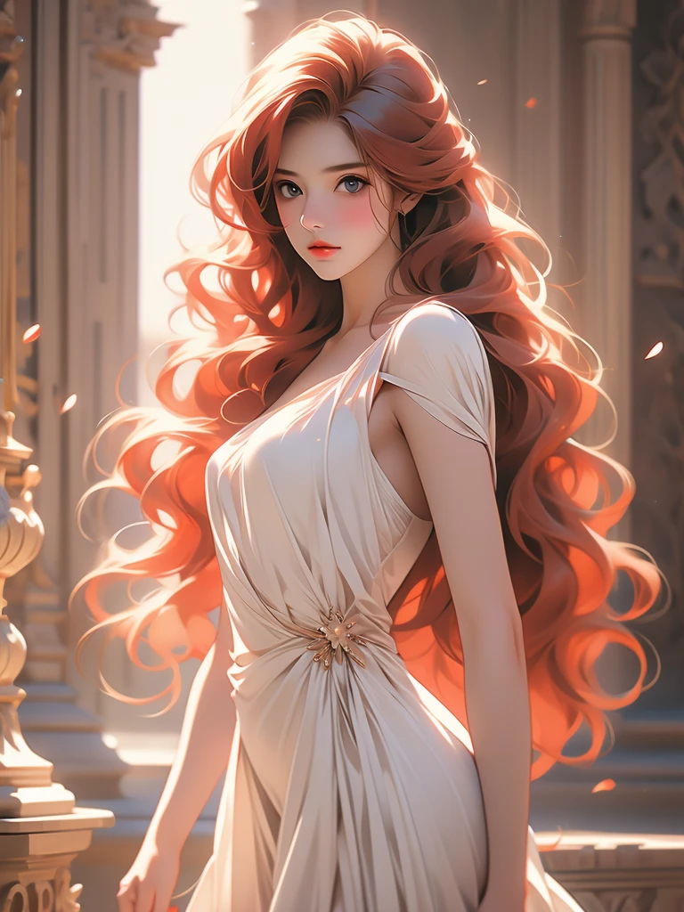 a picture of a woman standing with long blond hair posing over her shoulder, 1girl, long hair, solo, realistic, dress, red hair