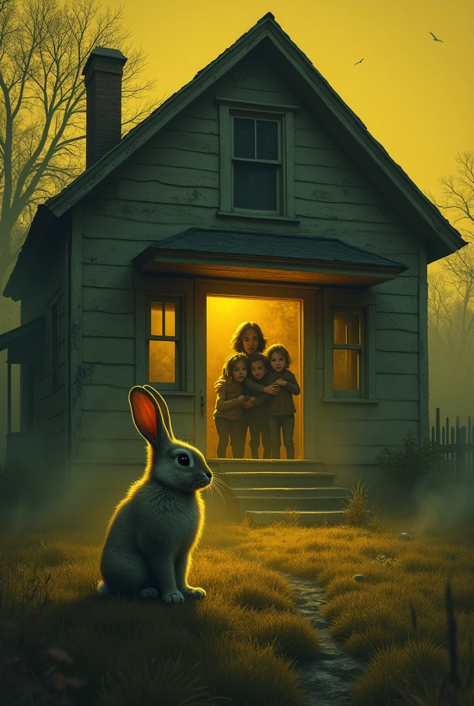 Yellowish tone mysterious house in front of which a bunny musk and standing and inside the house mom and her big doughter and son are scared