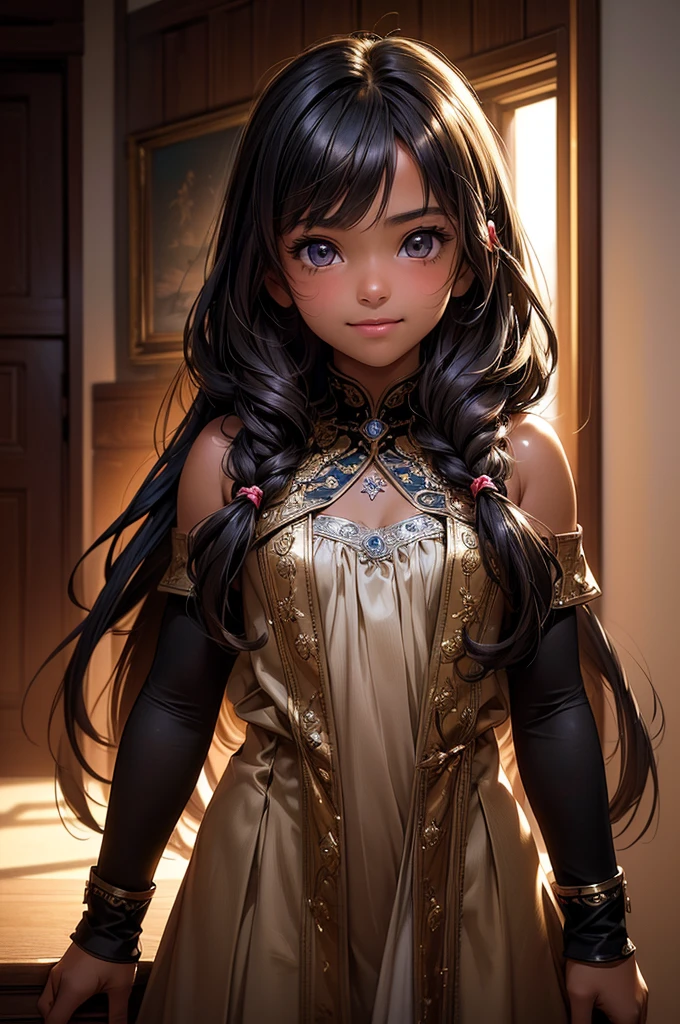 ((masterpiece, best quality, ultra-detailed, high resolution, extremely detailed CG, super detailed, Most beautiful clean lighting)), 1girl, small build, , cute girl, pretty face, smile, Suntanned and Wheat-colored skin, Beautiful black long hair, black eyes, kawaii, full body, nsfw, 