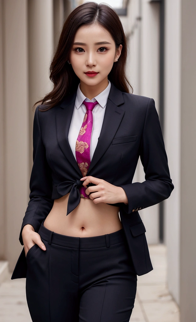 Woman in professional crop top, suit, trousers, Walk to work, Show your belly, Realistic navel shape, necktie, bow