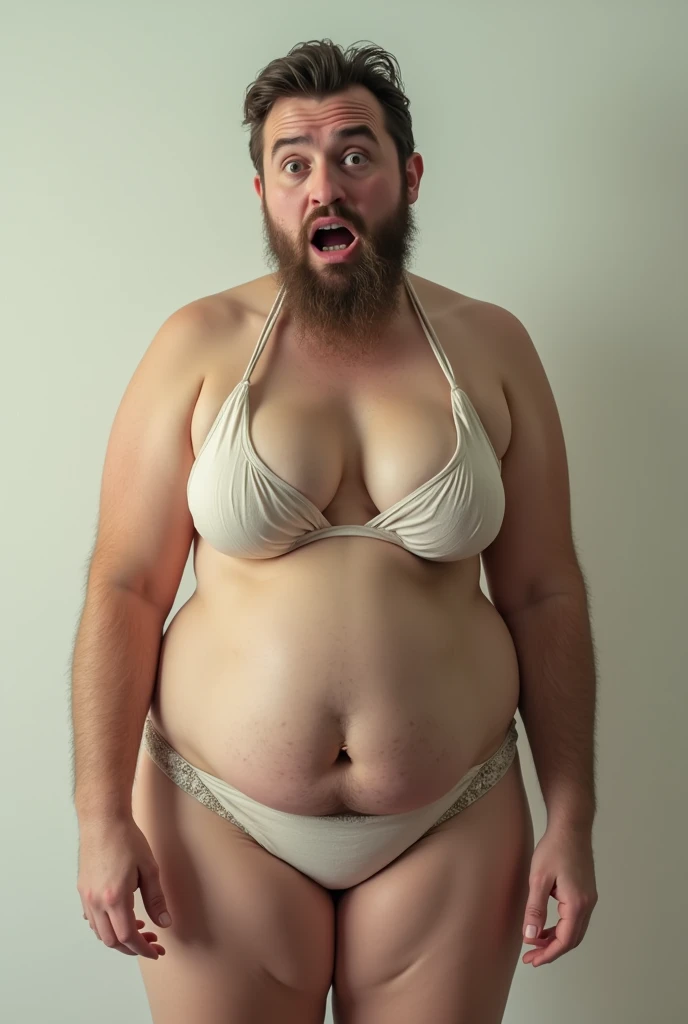 a bearded man with the body of a sexy naked woman with huge breasts and feminine girly body. He is shocked