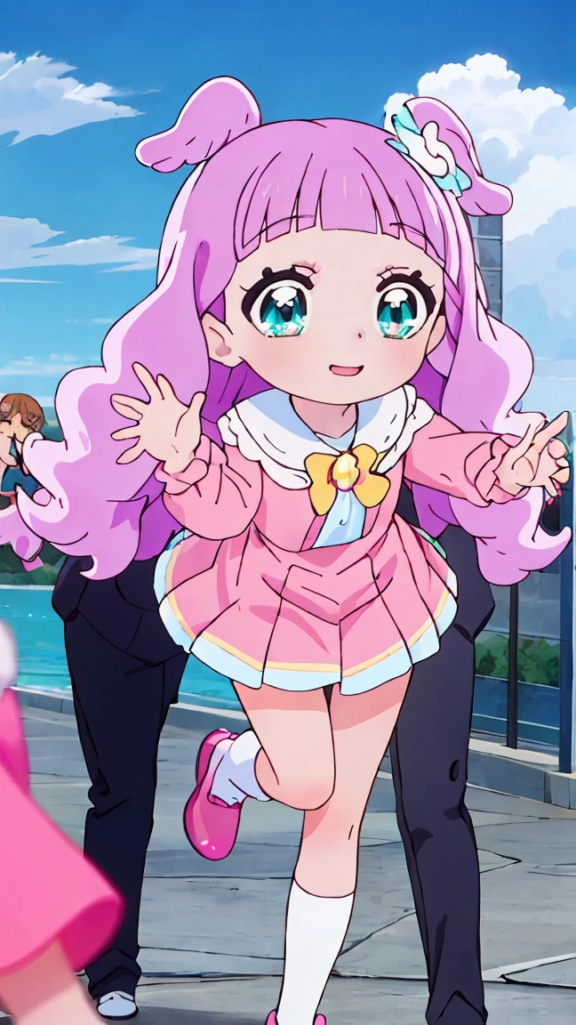(8k、Ultra-high resolution、Highest quality、Ultra-high resolution、Official Art:1.5,Official Art),(Watching the audience), alone, smile, ((Pink Knee Socks)),Beautiful Hair, Beautiful Face, Beautiful and beautiful eyes, Beautiful clavicle, Beautiful body, Beautiful legs, Beautiful fingers, 
(Beautiful views),smile),((front:1.5)), Bangs straight,blue sky,El-chan (Hirogaru Sky! Precure),(((Cute official uniform))),low length,(((I can see your dick))),((A penis with protruding veins)),((Showing off his dick)),(((smile))),((Extremely thick uncut penis:1.5/Beautiful big)),(squatting,open legs),medium bust,