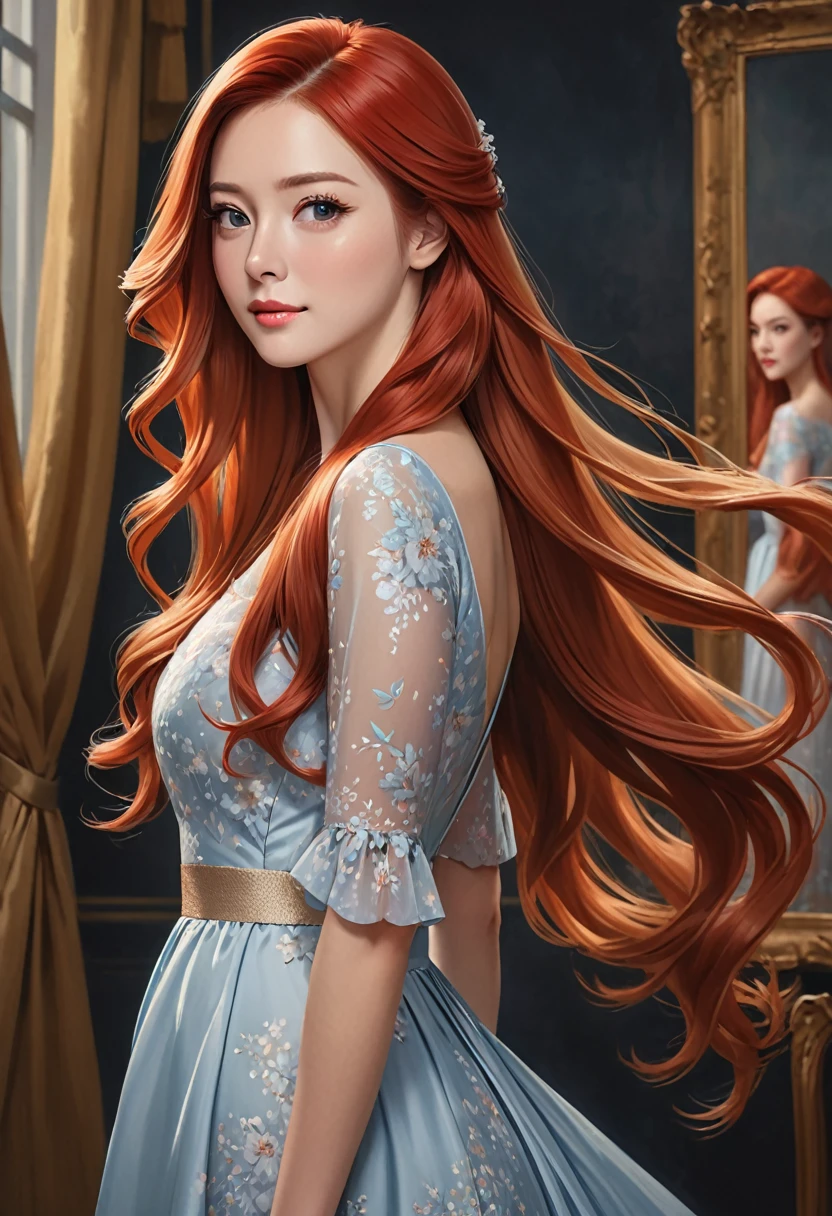 a picture of a woman standing with long blond hair posing over her shoulder, 1girl, long hair, solo, realistic, dress, red hair