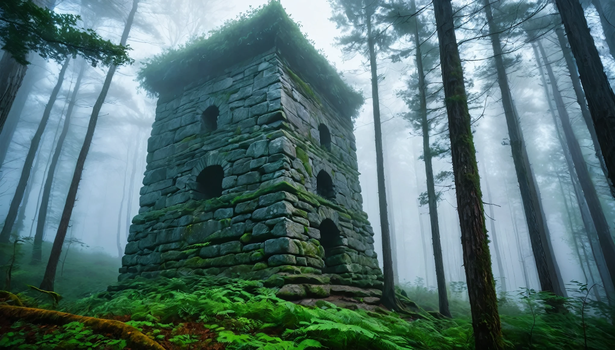 forest, Tall stone structure, in the forest, Thick Fog, Fantasy
