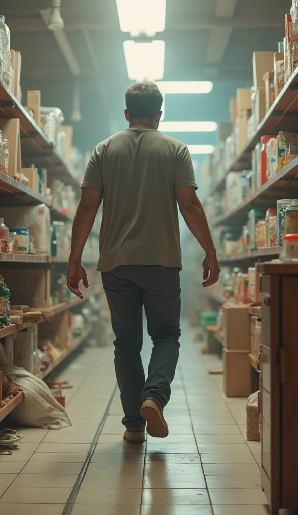 Depict a person attempting to walk in a world with doubled gravity. Show them moving with great difficulty, with their legs and body appearing heavy and burdened. Include everyday objects like groceries or furniture that are also affected by the increased weight