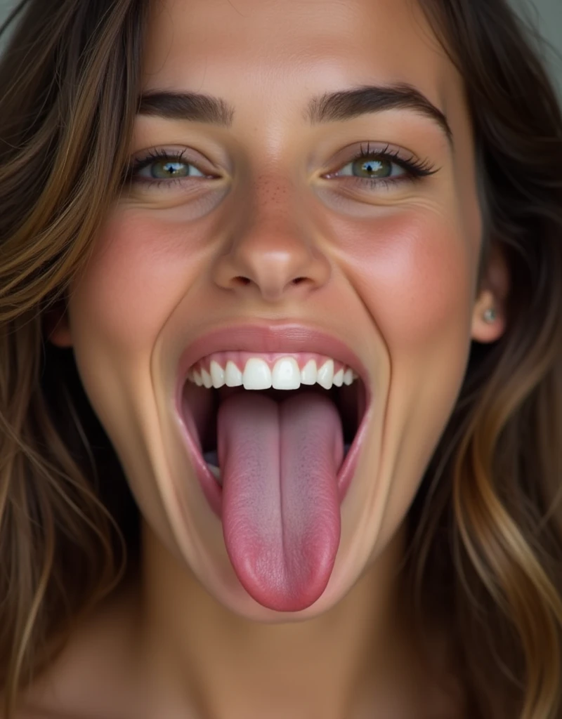 face of 16 year old model Victoria's secret with mouth wide open, long tongue
