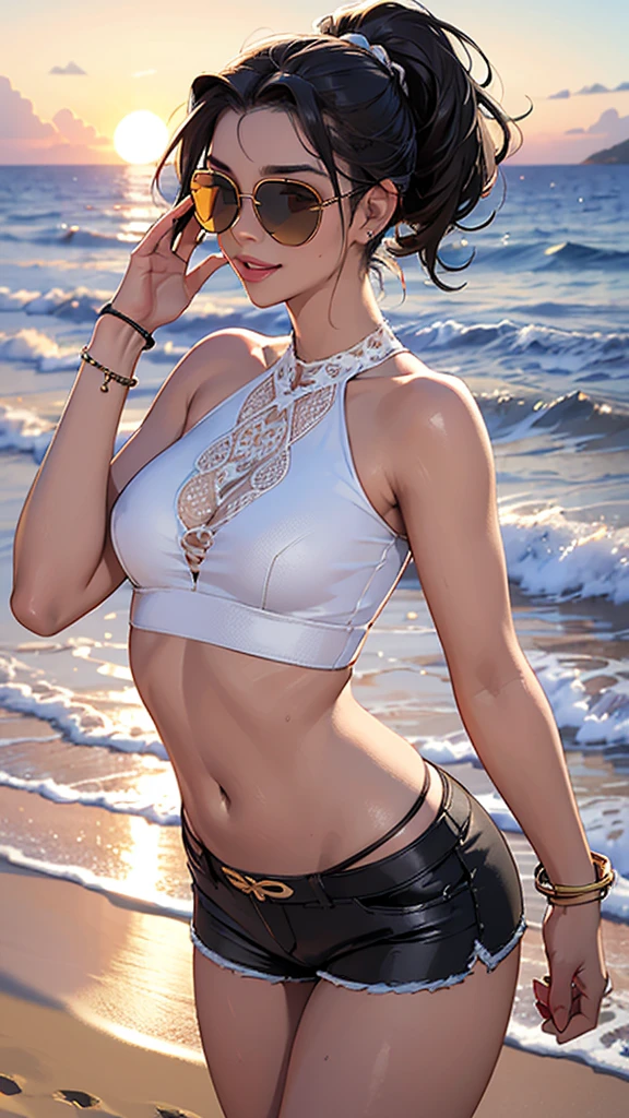 ((Ultra detailed:1.5, Best Quality:1.5, photorealistic:1.5, 8K, Masterpiece: 1.3)), looking at viewers , Sharp Focus: 1.2, A Beautiful Woman with Perfect Figure: 1.4, Slim Abs: 1.2, sweaty Body: 1.1, Highly Detailed Face and Skin Texture, (Detailed Eyes, Double Eyelids), cute Breasts, (facial expressions, happy:1.3 smile:1.1), , girl, wearing a lot of jewelry, (beautiful eyeshadow, detailed makeup), (wearing lots of bracelets), ((white top:1.1, tight short pants, thong straps, sunglasses))  (swept cut, middle hair , onyx black hair ), sexy dancer outfit, sex appeal, standing ,(perfect anatomy),sunset beach , (sunglasses on her forehead:1.3) , celebrity