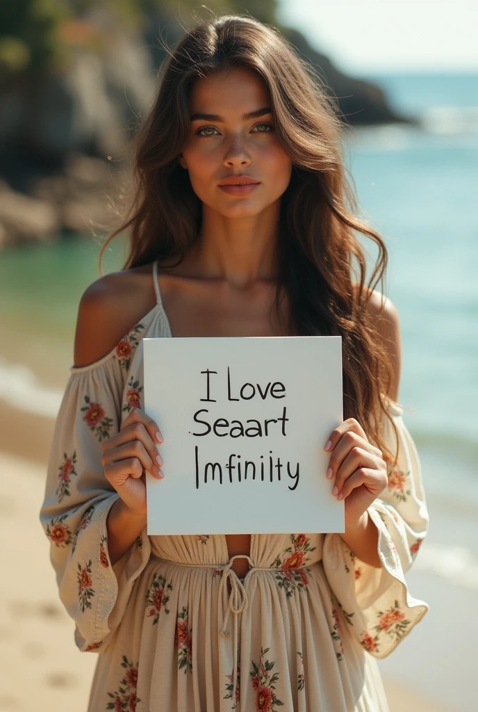 Beautiful girl with wavy long hair, bohemian dress, holding a white board with text "I Love Seaart Infinity" and showing it to the viewer