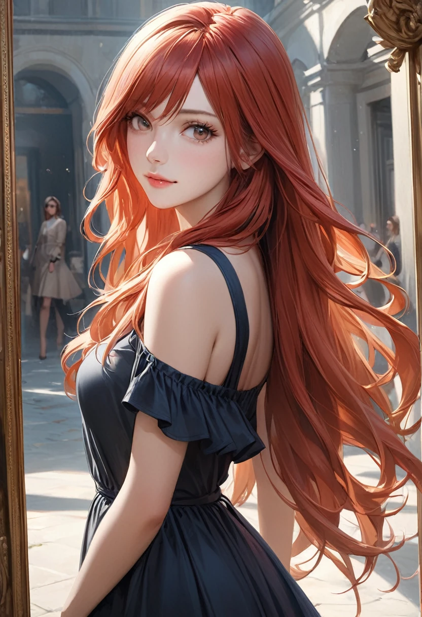 a picture of a woman standing with long blond hair posing over her shoulder, 1girl, long hair, solo, realistic, dress, red hair