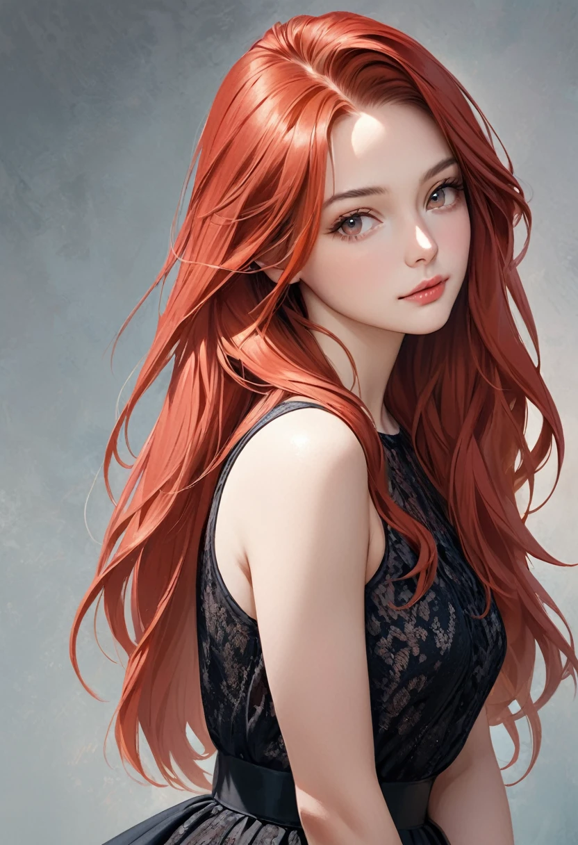a picture of a woman standing with long blond hair posing over her shoulder, 1girl, long hair, solo, realistic, dress, red hair