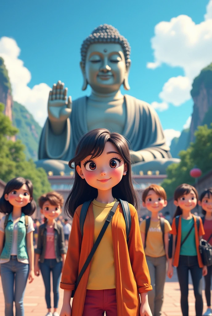 A woman and tourists take a photo at the Leshan Giant Buddha,Anime style,Pixar style