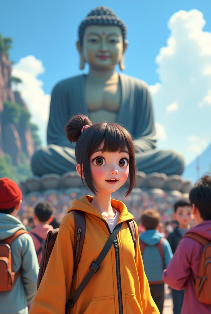 A woman and tourists take a photo at the Leshan Giant Buddha,Anime style,Pixar style