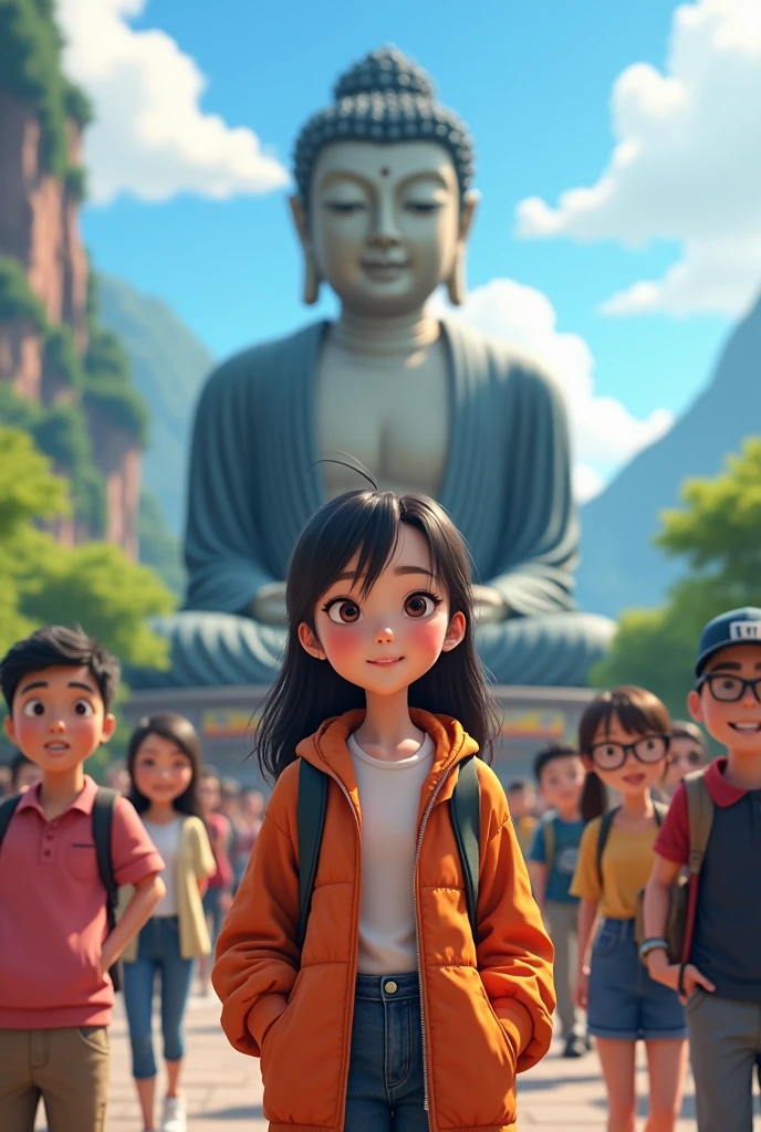 A woman and tourists take a photo at the Leshan Giant Buddha,Anime style,Pixar style