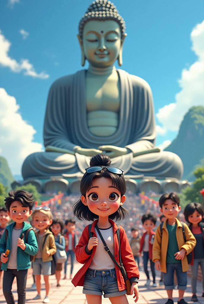A woman and tourists take a photo at the Leshan Giant Buddha,Anime style,Pixar style