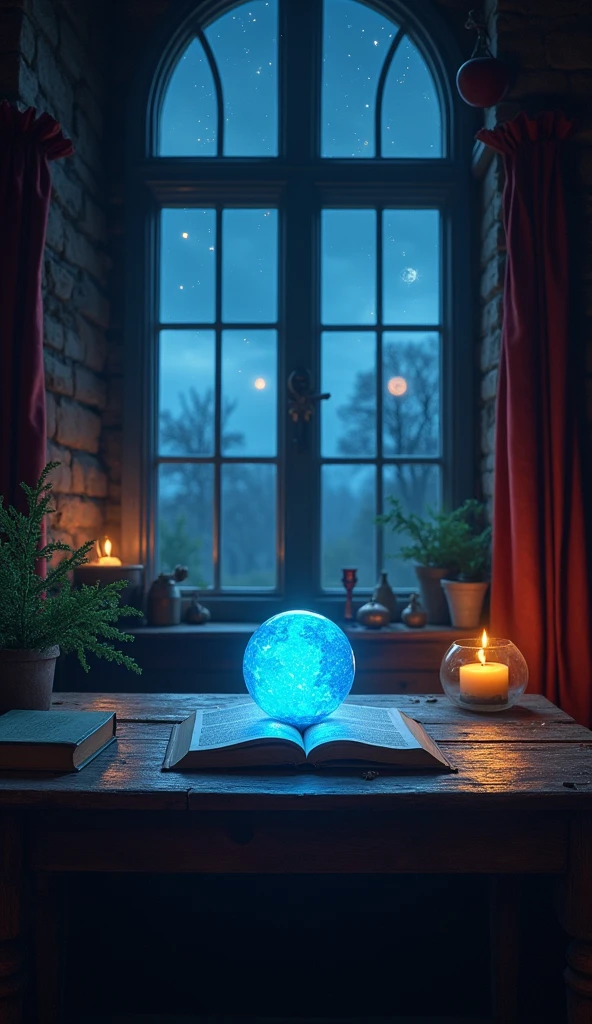 witch working table that have book, paper, blue magic ball and behide that table have large clear window that see night sky with star and 2 moon